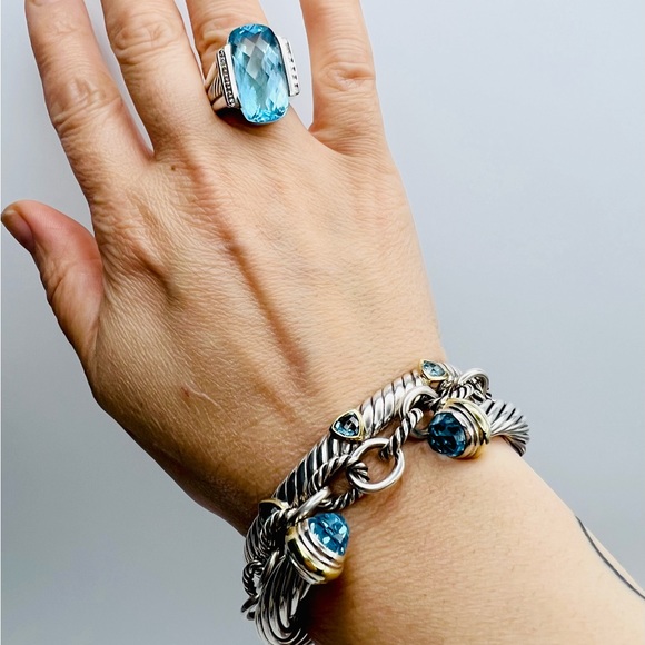 David Yurman 7mm Three Stone Renaissance Bracelet With Blue Topaz And Gold - Picture 8 of 10